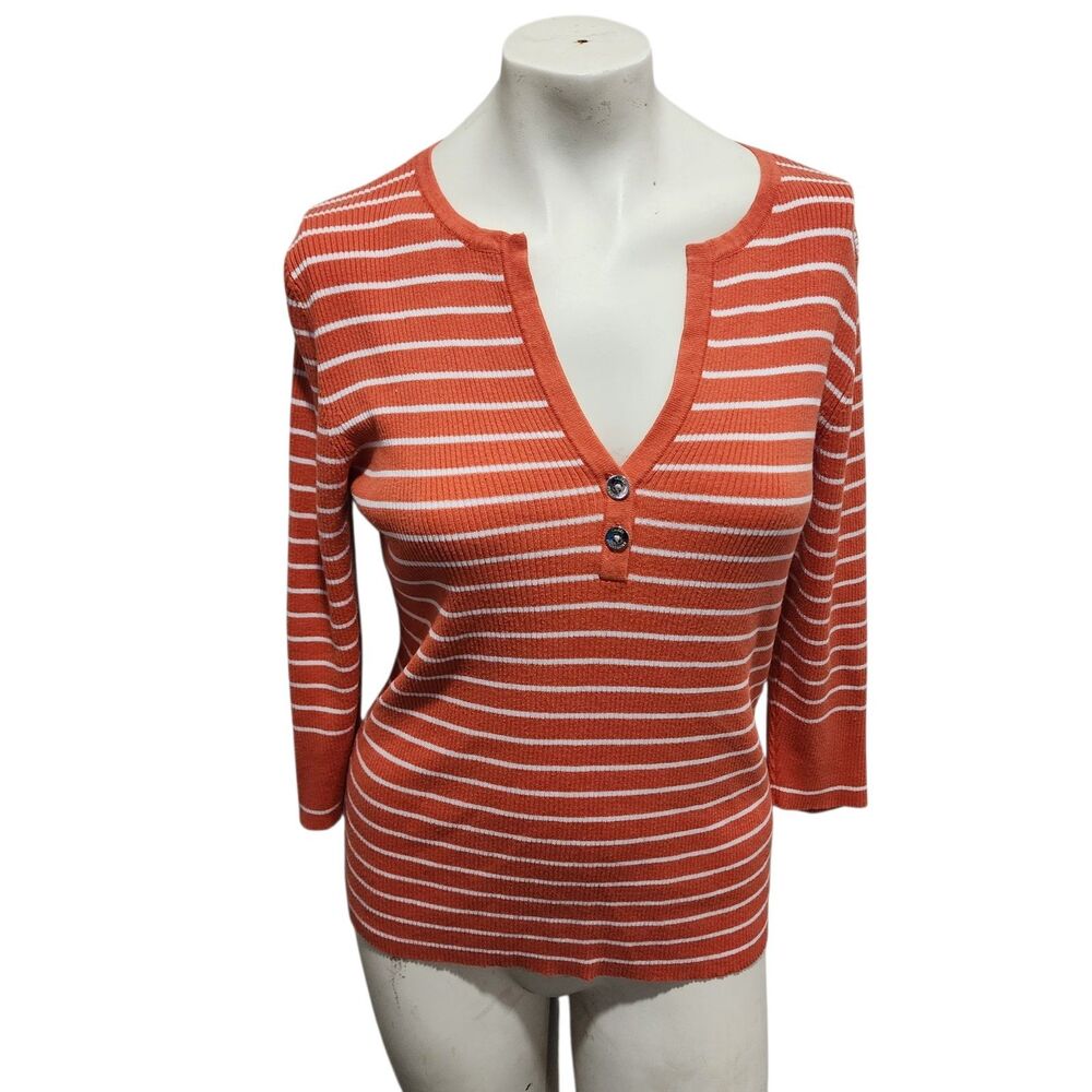 Lauren Ralph Lauren Women’s L Orange White Stripe Ribbed Henley Sweater